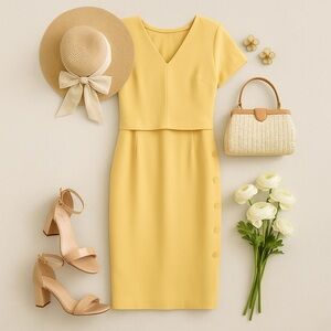 Vintage Jolibel Canary Yellow Overlay Pencil Dress | Size 12 | Made in Canada